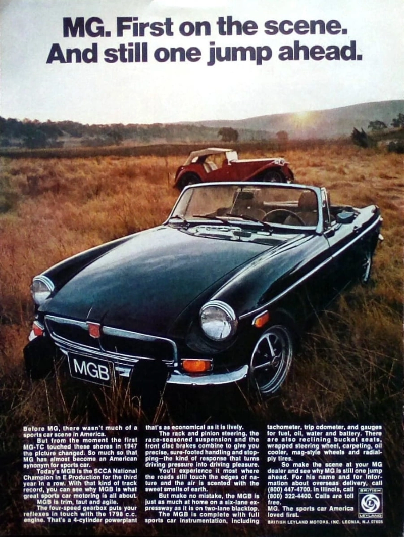 MGB vintage auto ad; First on the scene. And still one jump ahead MGB vintage auto ad; First on the scene. And still one jump ahead